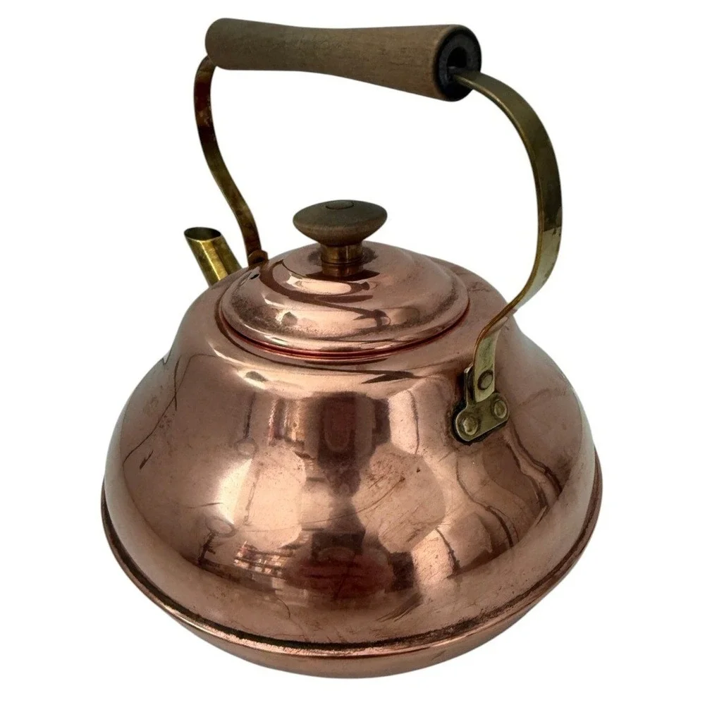 Vintage Hammered Spartan Copper Tea Kettle Stovetop Pot Brass Handle Wood Grip